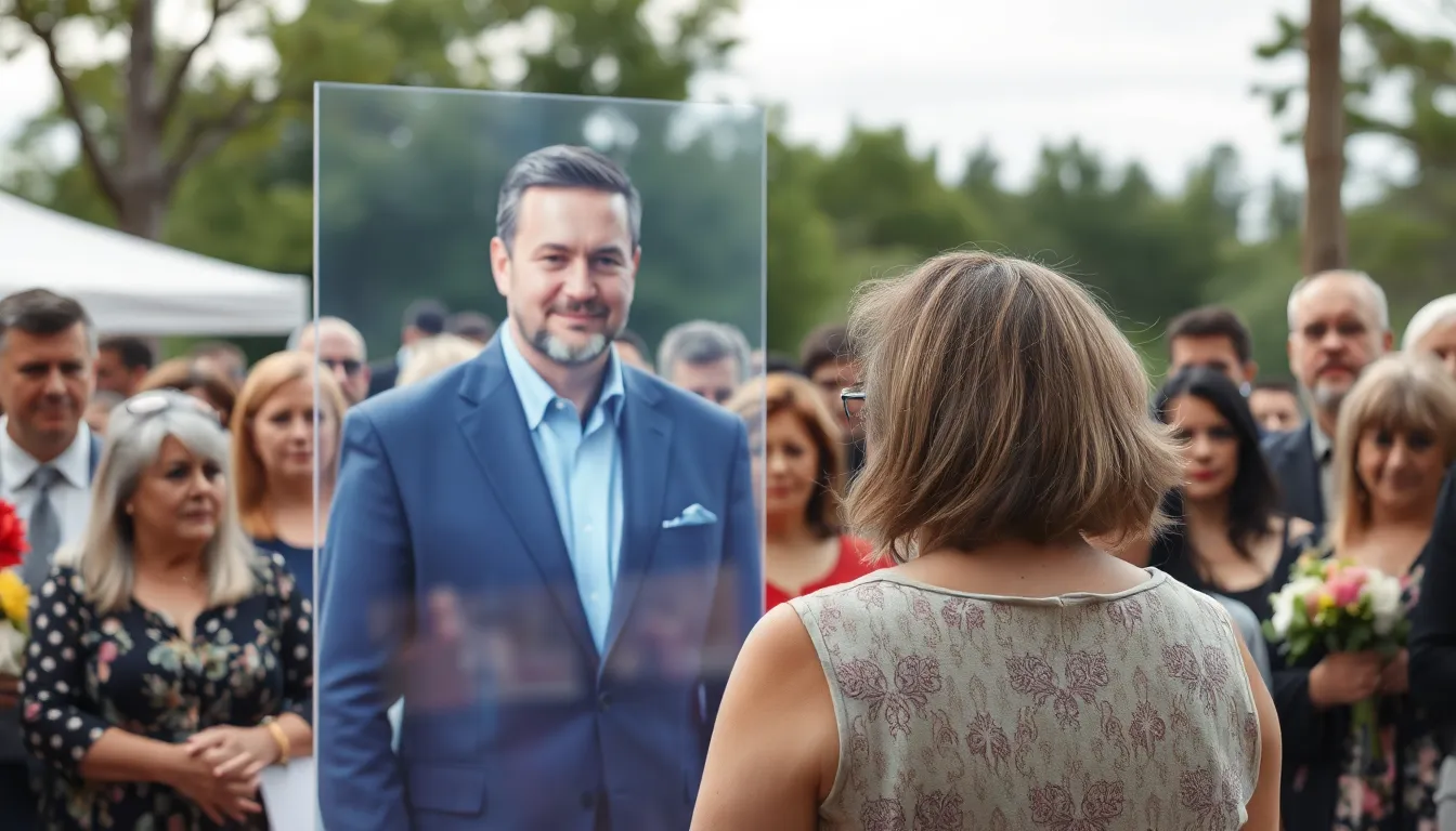 A woman stands beside a holographic representation of her deceased husband during a memorial service, surrounded by mourners who appear visibly moved by the lifelike display.