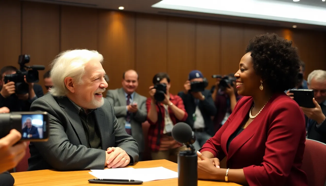Ian McKellen and Michaela Coel engage in a lively discussion during a press event, highlighting their collaboration on the upcoming project 'The Christophers'.