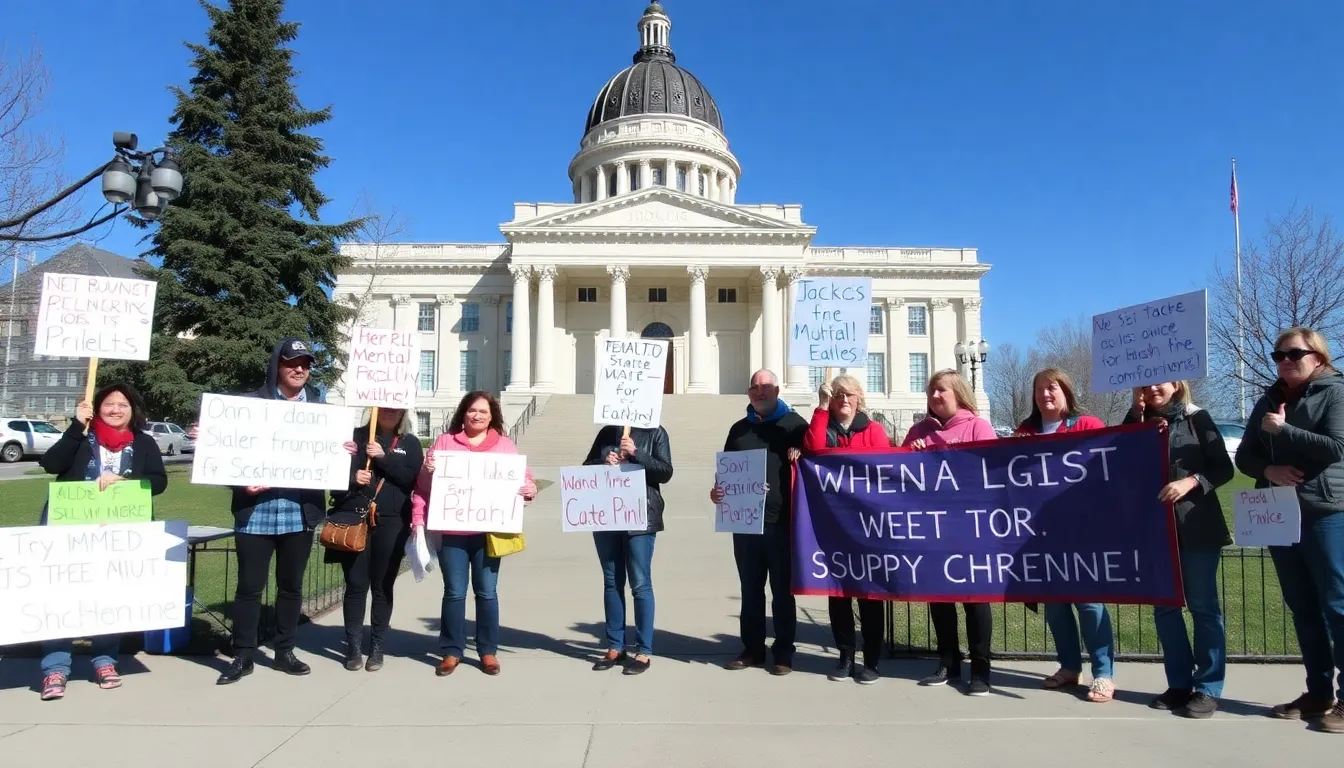 A group of mental health advocates gathers outside the Idaho State Capitol, holding signs and banners to protest the recent cuts to mental health services for individuals with schizophrenia.