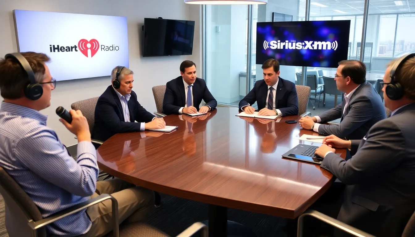Executives from iHeartRadio and SiriusXM engage in discussions at a conference table, highlighting the early stages of potential merger talks between the two audio entertainment giants.