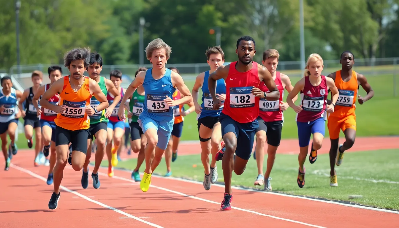 A group of athletes competes in a highintensity race, with some visibly focused while others appear anxious, highlighting the challenges of incontinence during competitions.