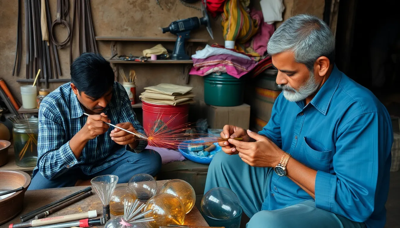 Artisans in Firozabad work on glass pieces in a workshop, reflecting the challenges faced by the industry due to geopolitical tensions affecting supply chains and sales.
