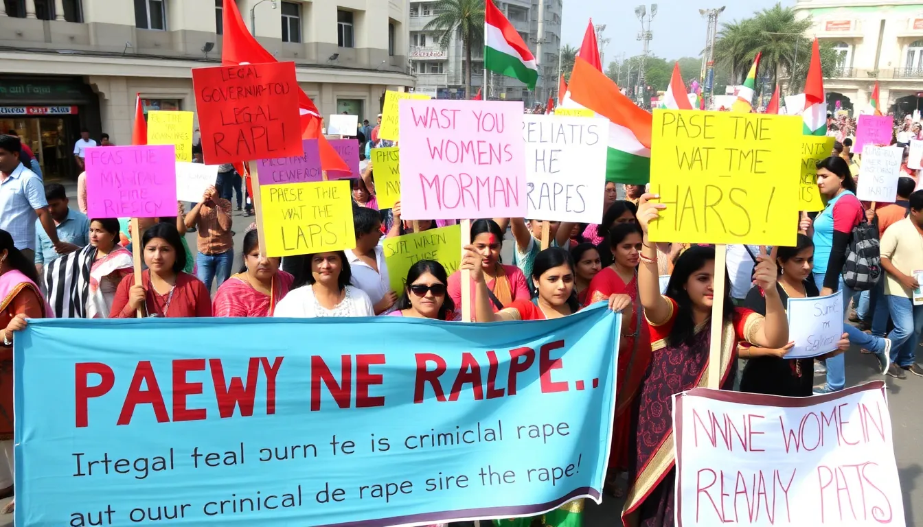 Activists gather in a public square holding signs and banners to protest against the Indian government's refusal to criminalize marital rape, emphasizing the need for legal reform and women's rights.
