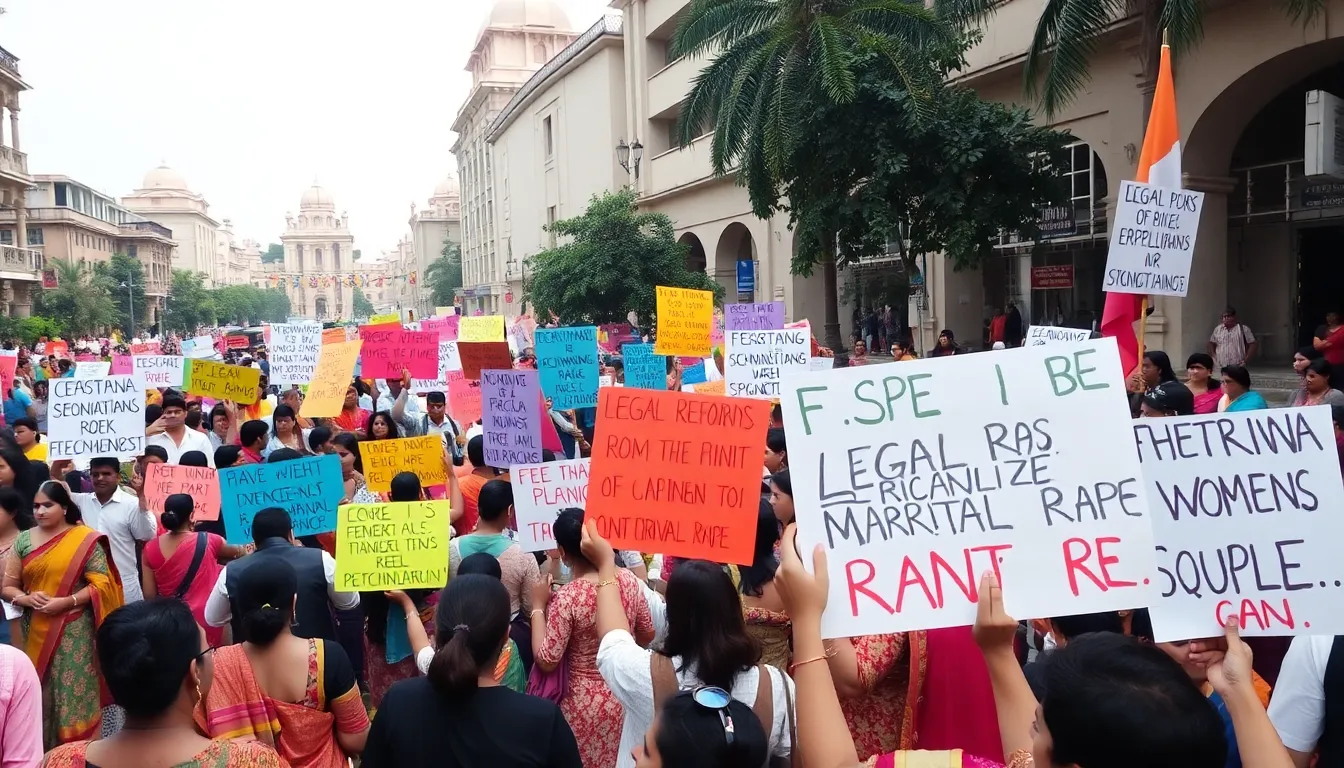 An image of a serene traditional Indian wedding setting, juxtaposed with a shadowy figure representing the hidden issues of marital rape and gender inequality within the institution of marriage