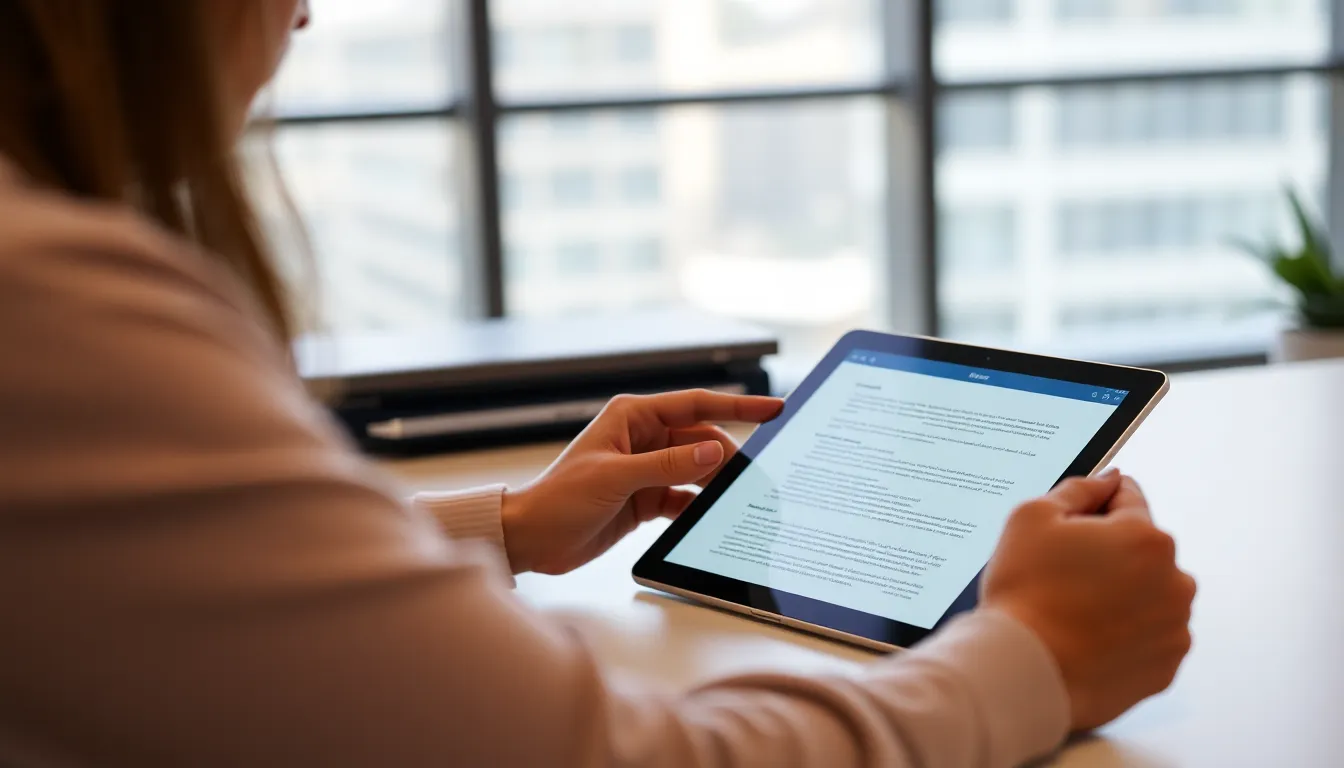 A person is using an Apple iPad Air M4 at a desk, showcasing its sleek design and vibrant display while working on a document.