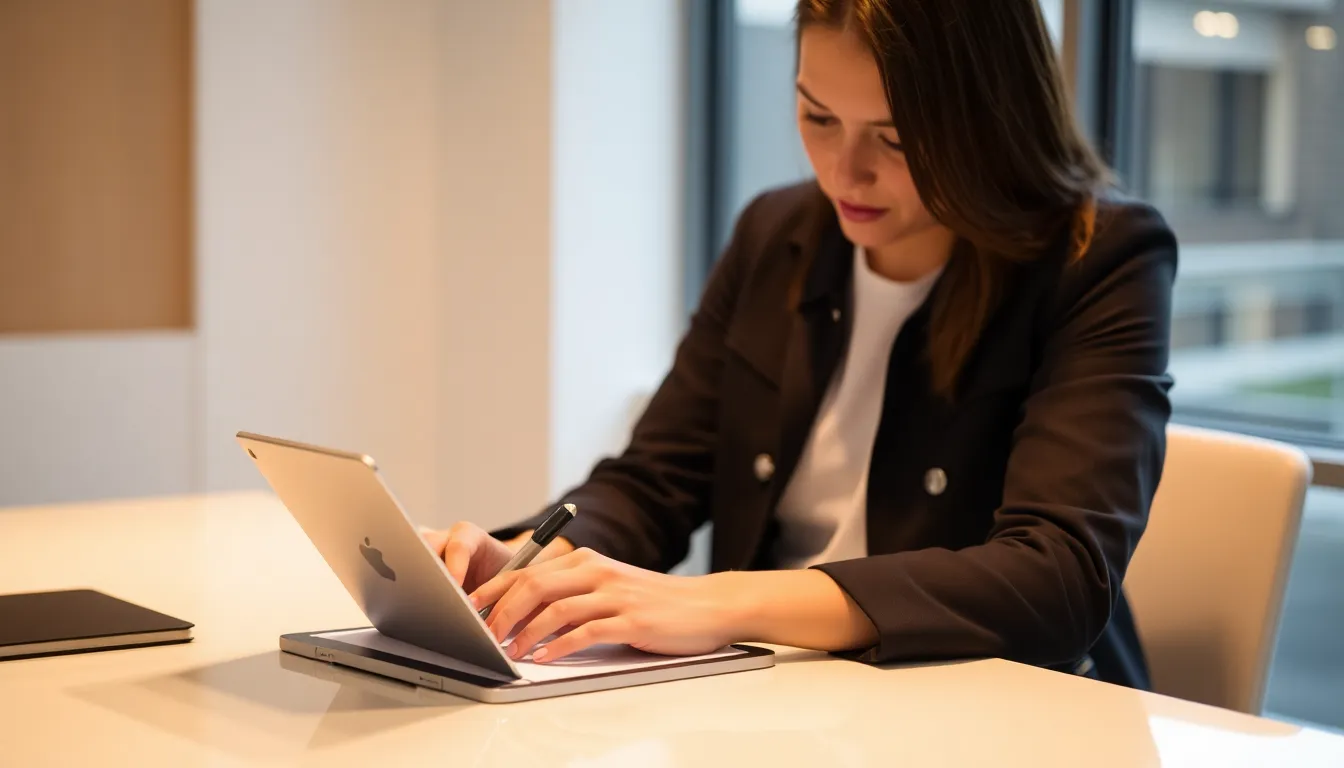 The iPad Air M4 is depicted alongside the Apple Pencil and Magic Keyboard, emphasizing its versatility as a tool for productivity and creativity in various settings