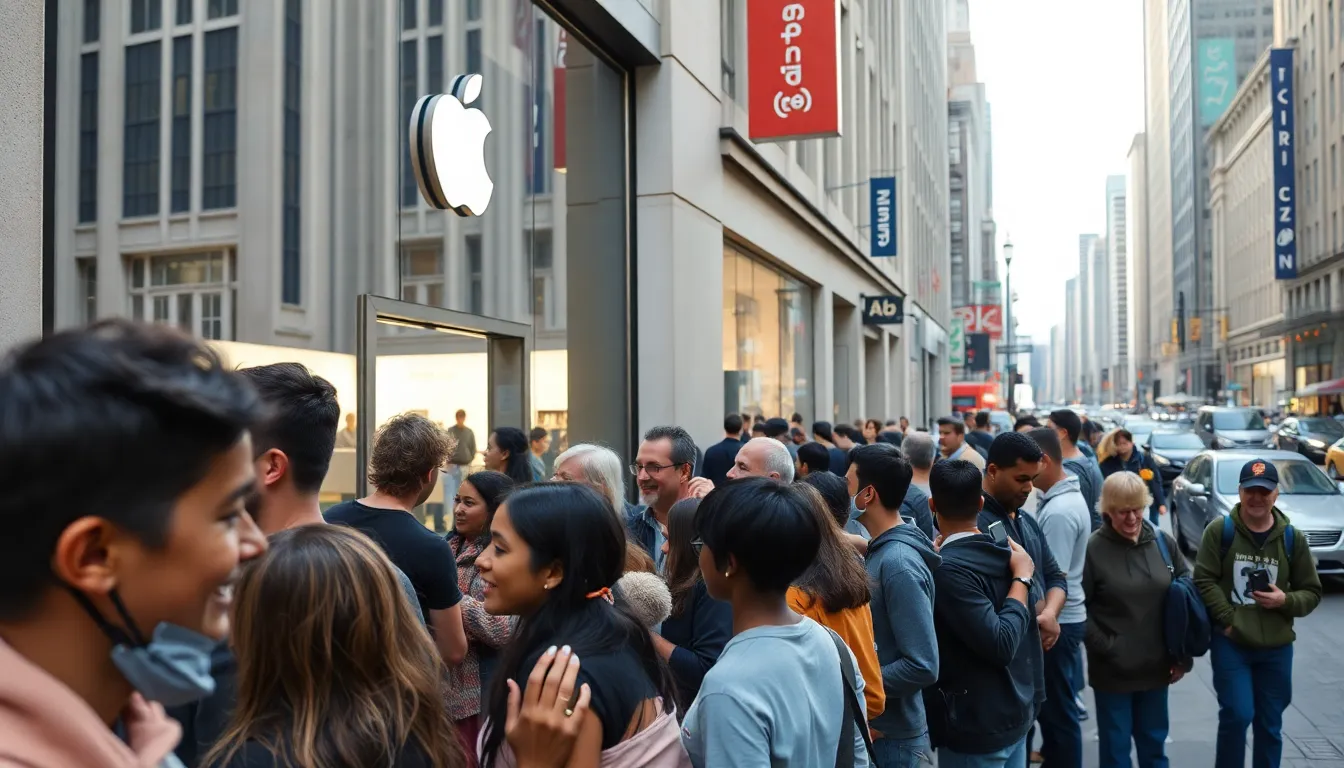 A crowd gathers outside an Apple store, eagerly waiting to purchase the newly launched iPhone 17e, showcasing excitement and anticipation for the budgetfriendly smartphone.