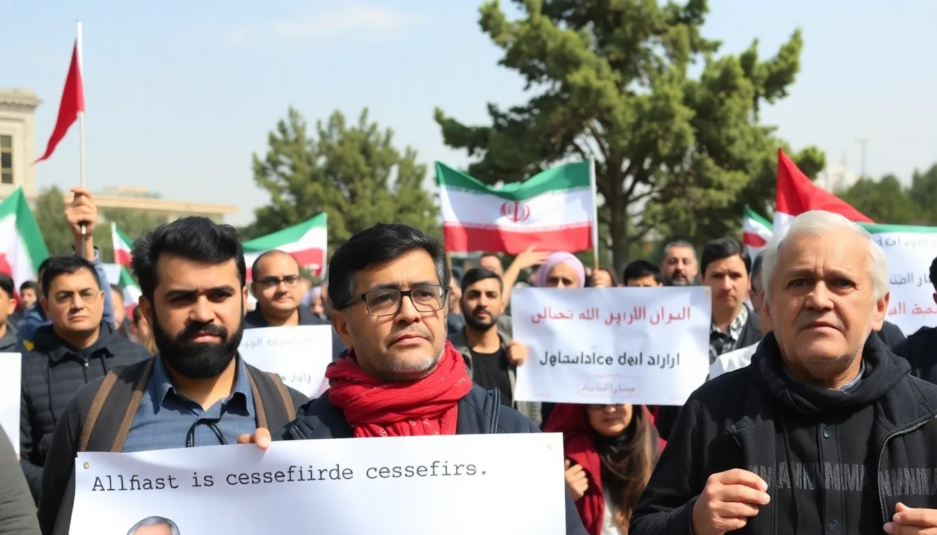 A group of Iranian citizens gather in a public square, holding banners and discussing the recent ceasefire, reflecting a mix of hope and skepticism about the future of peace in the region.
