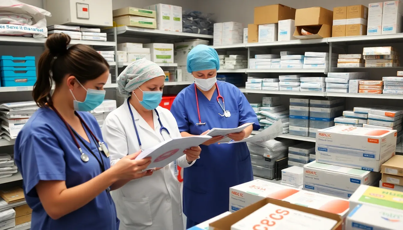 A hospital setting shows medical staff discussing patient care strategies while facing potential shortages of essential supplies due to geopolitical tensions