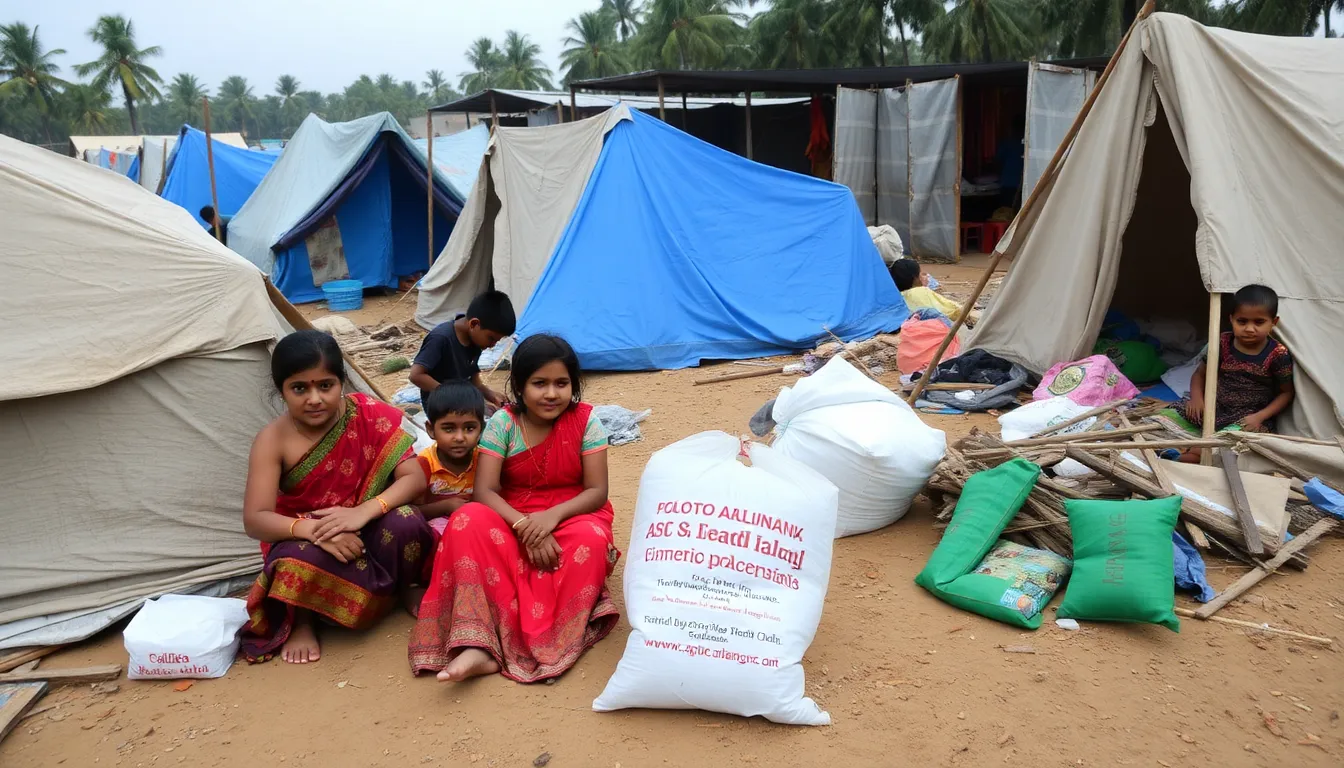 Displaced Sri Lankan families gather at a temporary shelter, surrounded by flood debris and makeshift tents, as they await humanitarian aid amidst the ongoing crisis.