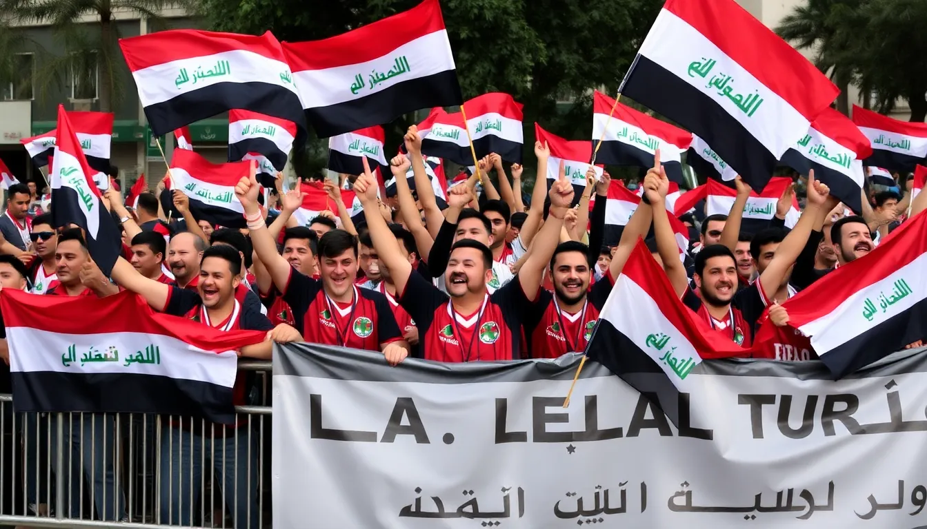 Iraqi fans celebrate in the streets with flags and banners after their national football team qualifies for the World Cup for the first time since 1986.