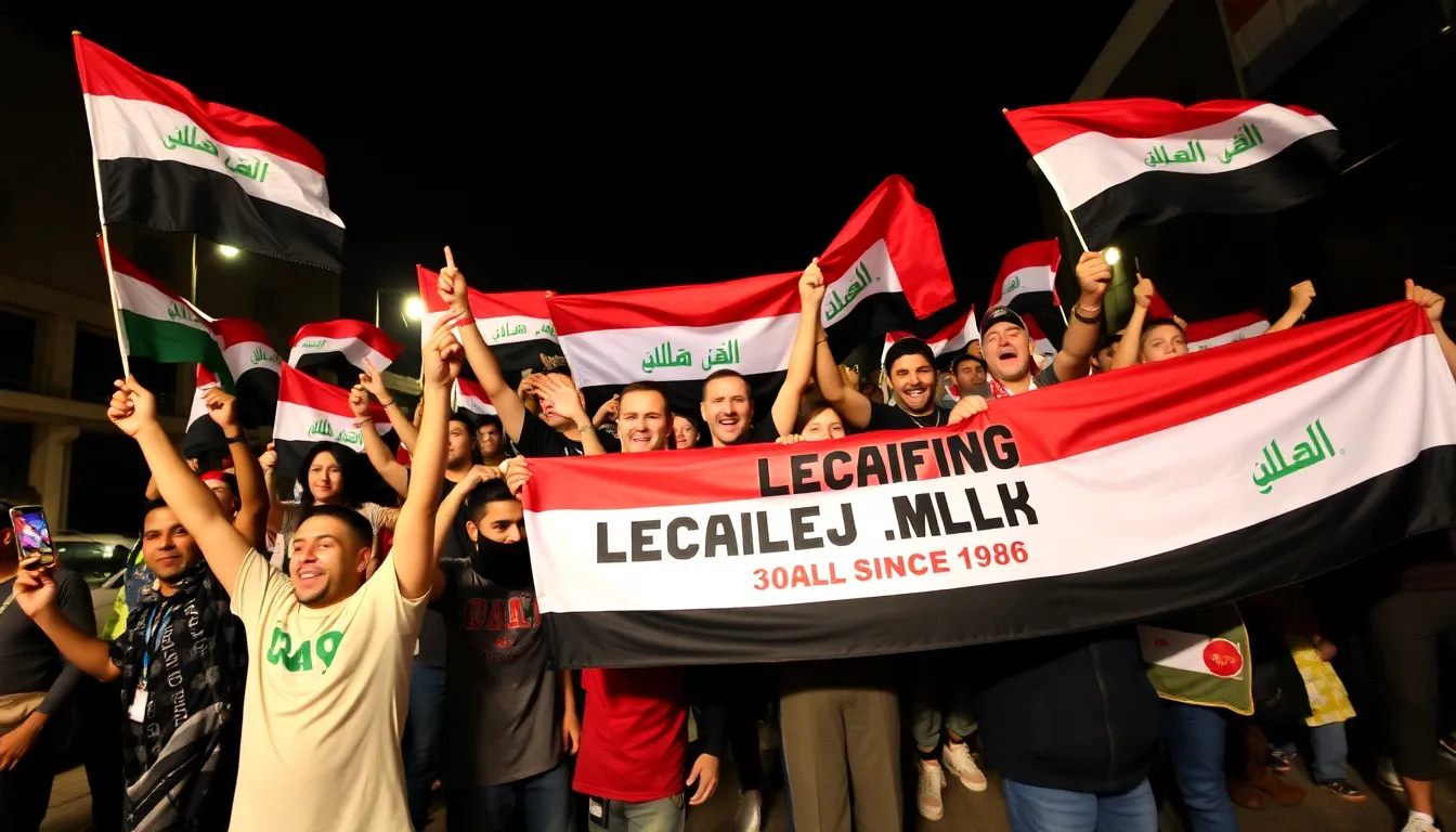 The vibrant atmosphere in a local café filled with fans eagerly discussing the upcoming World Cup, reflecting the renewed hope and enthusiasm for Iraqi football