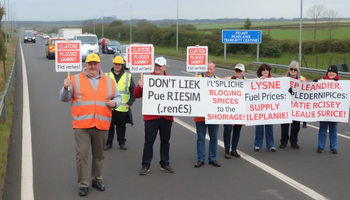 Transport workers block a major road in Ireland, protesting against rising fuel prices and supply shortages while holding signs demanding government action.