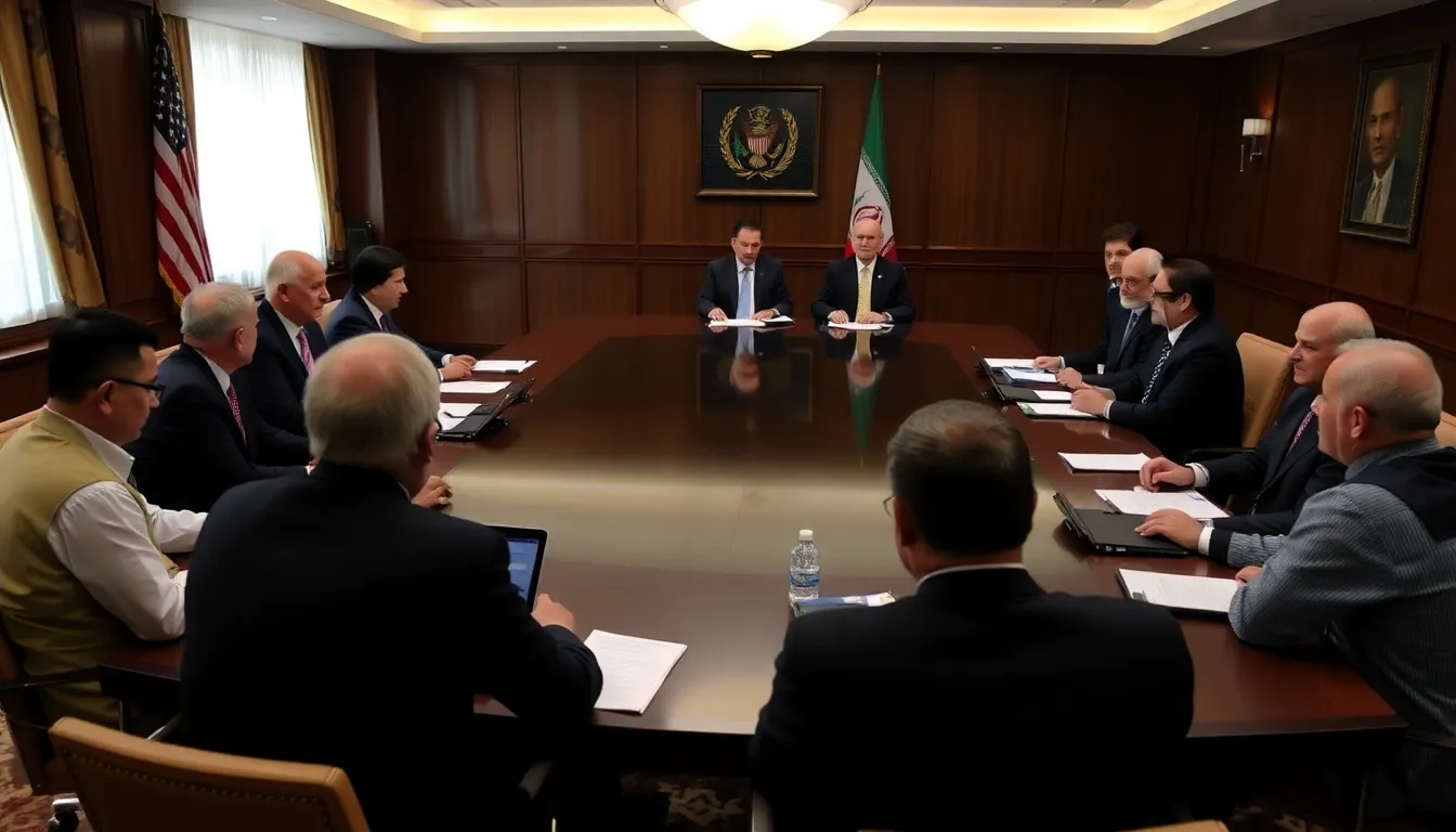 Highranking officials from the United States and Iran gather in a conference room in Islamabad, engaged in discussions aimed at resolving longstanding tensions between the two nations.