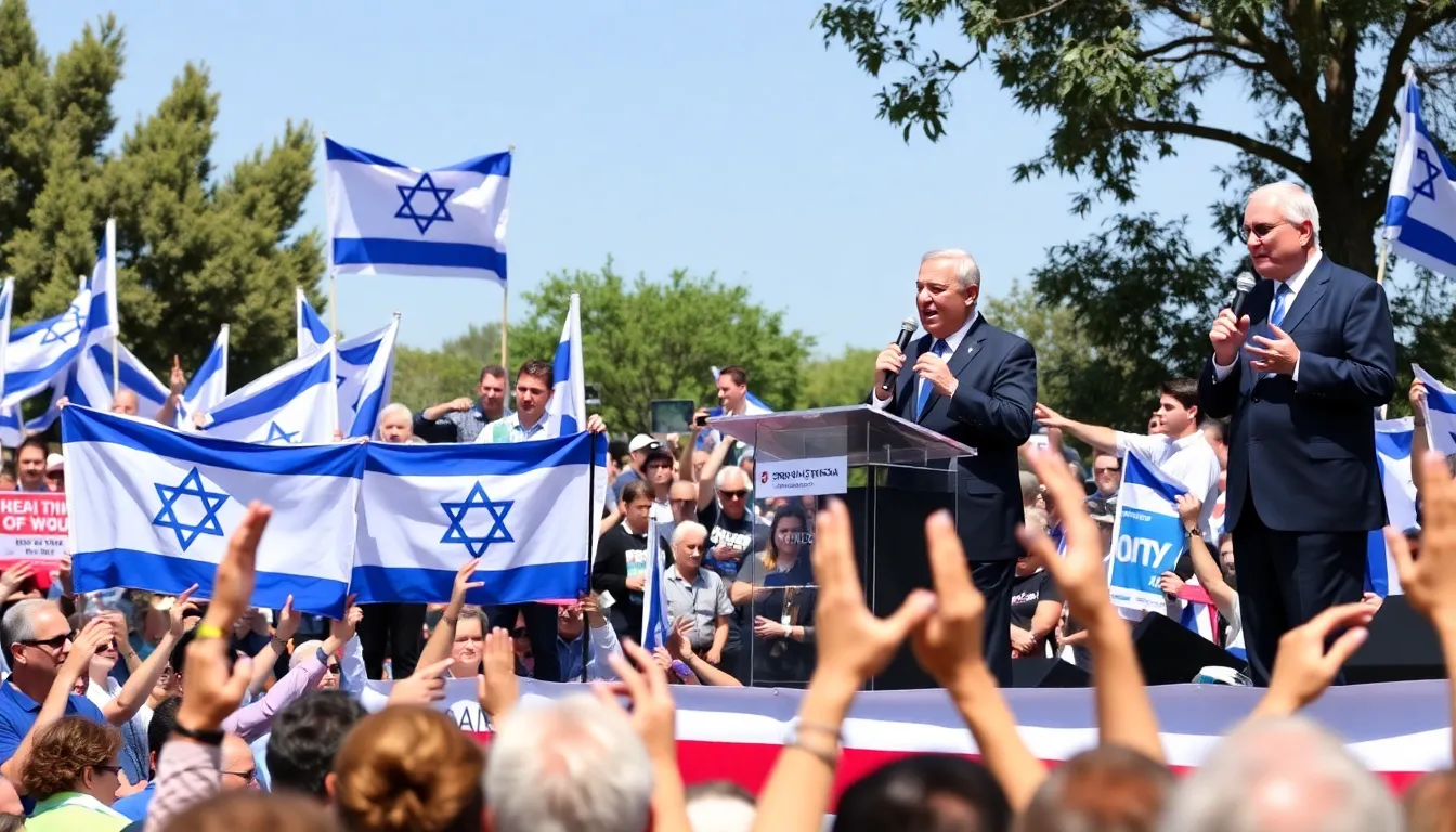 Former Israeli prime ministers gather at a rally, passionately addressing a crowd to promote their coalition against Benjamin Netanyahu ahead of the upcoming elections.