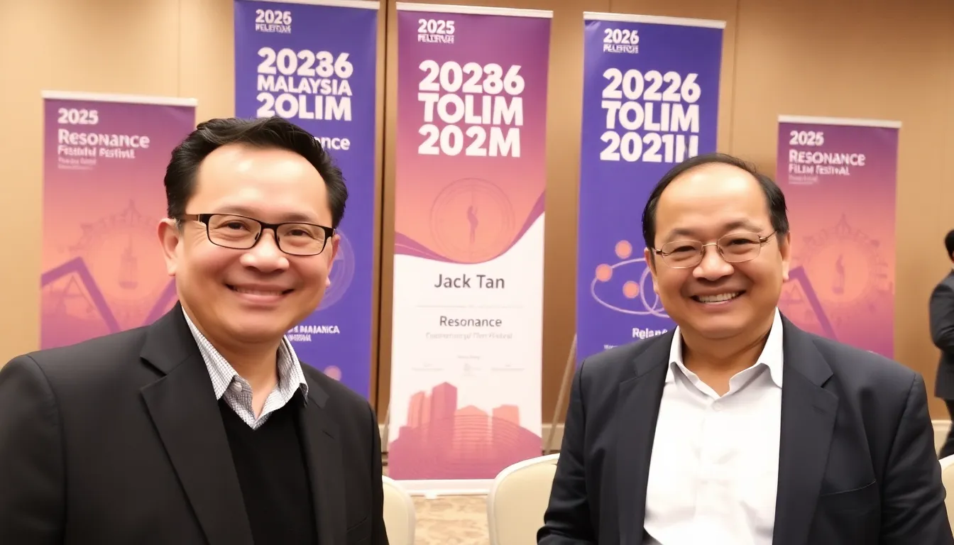 Jack Tan and Zizan Razak stand together at a press conference, smiling as they are announced as ambassadors for the 2026 Malaysia Film Festival, surrounded by banners featuring the festival's theme 'Resonance.'