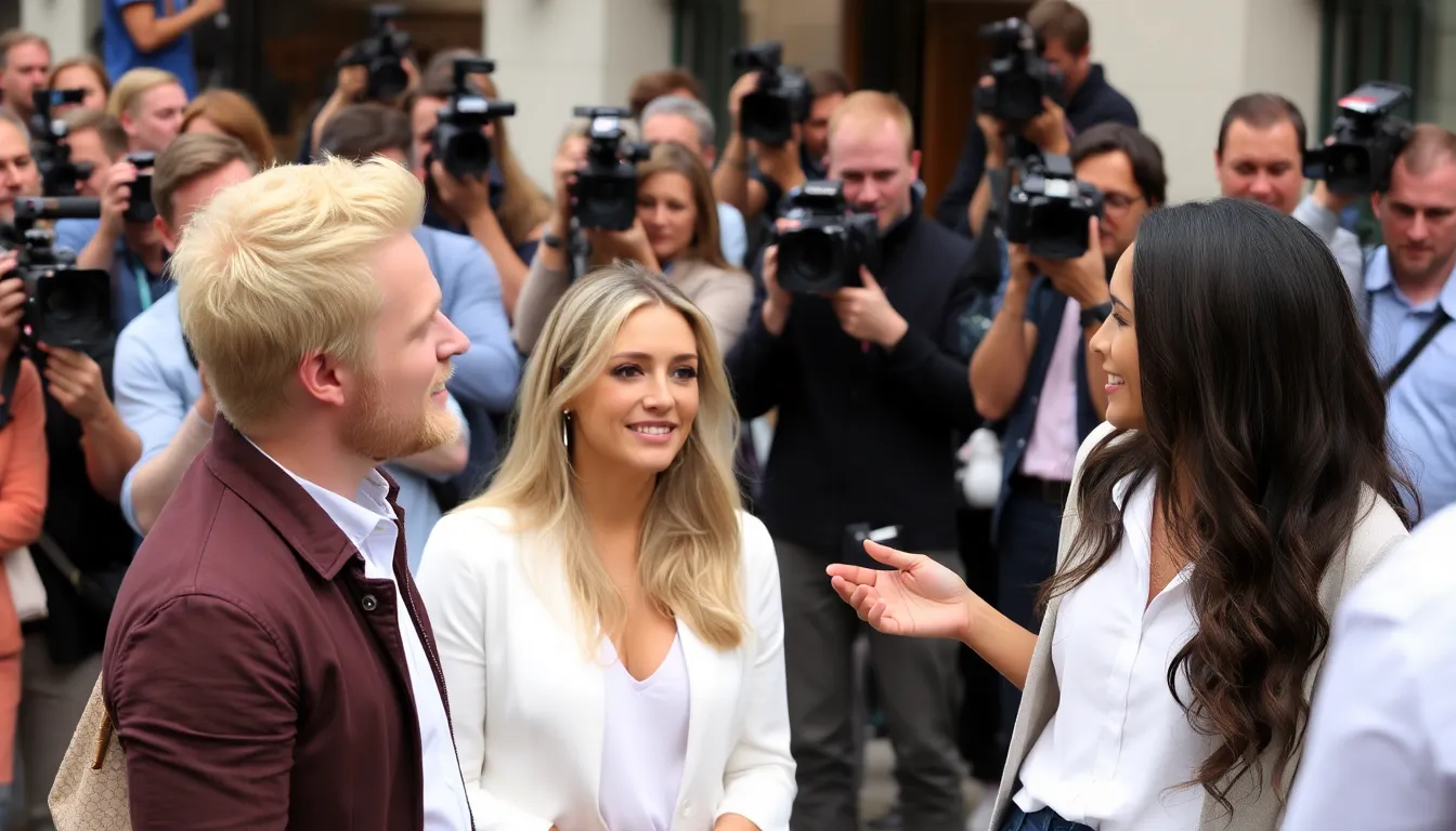 Jamie Laing and Sophie Habboo are seen discussing their upcoming reality show, surrounded by cameras and a lively crowd at a promotional event.
