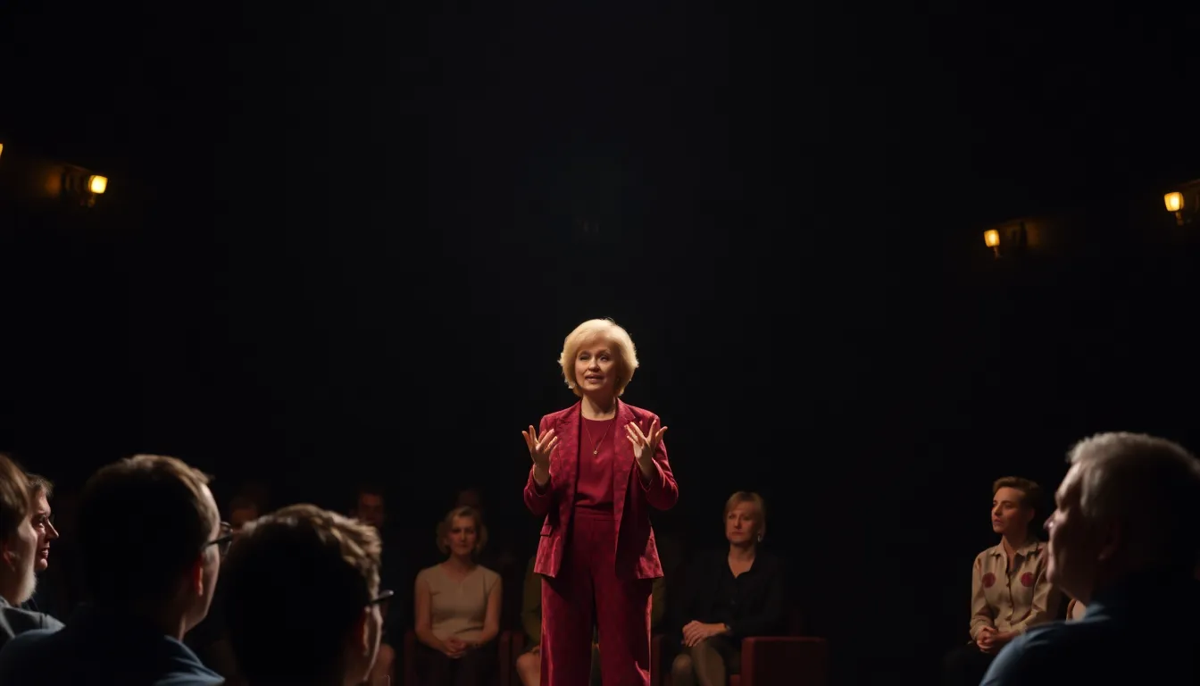 Jane Fonda delivers a powerful monologue on stage, captivating the audience during her Off Broadway performance that addresses contemporary social issues.