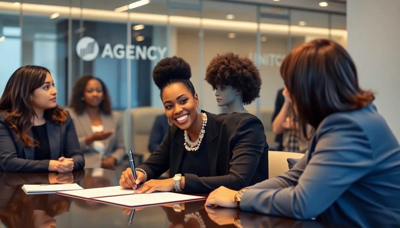 Janelle Monáe smiles confidently while signing her contract with United Talent Agency, surrounded by industry professionals in a modern office setting.