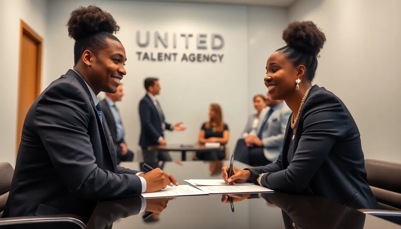 A candid moment of Janelle Monáe celebrating her signing with UTA, symbolizing a new chapter in her multifaceted career