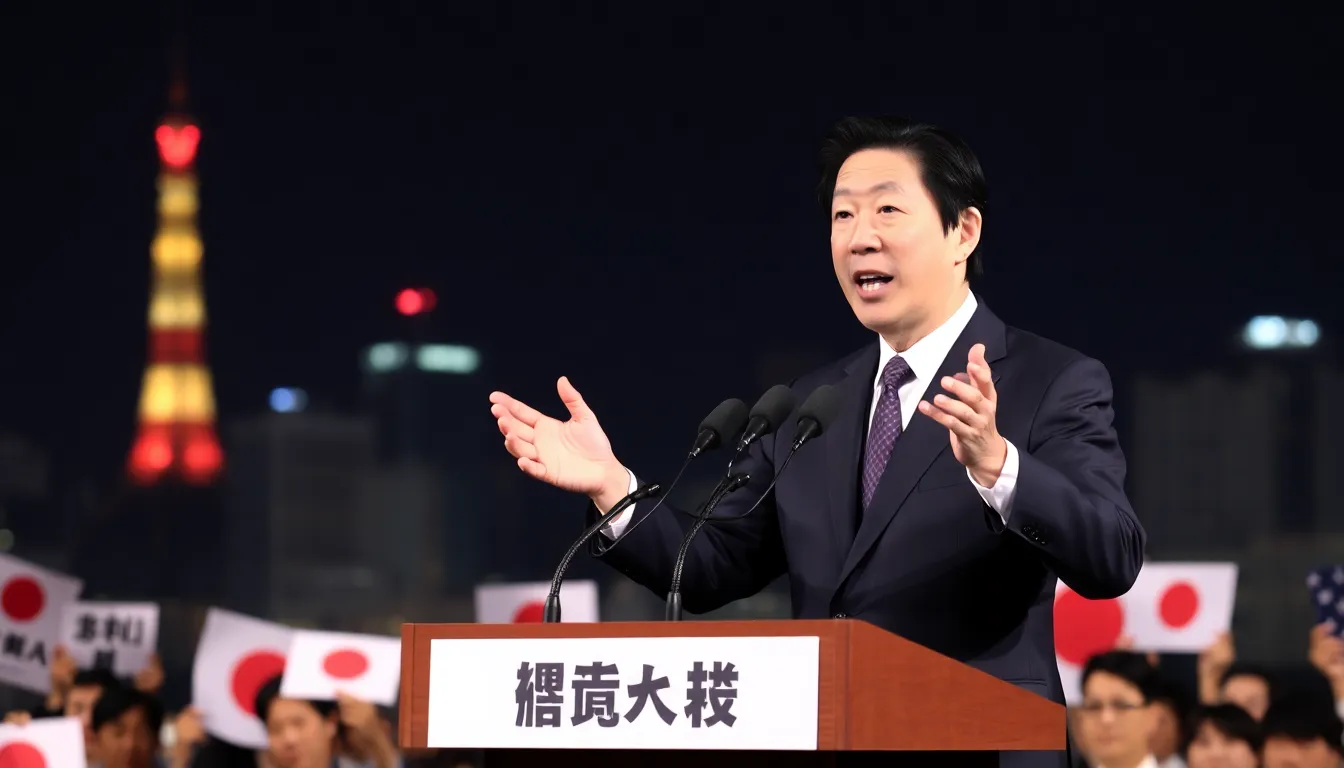 Japan's Prime Minister stands at a podium, enthusiastically praising the British rock band Deep Purple during a public event in Tokyo.