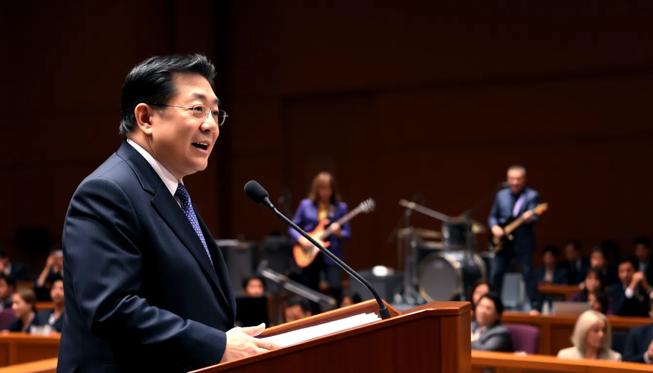 Japanese Prime Minister Fumio Kishida stands on stage, passionately addressing an audience while Deep Purple performs in the background during a tribute event in Tokyo.