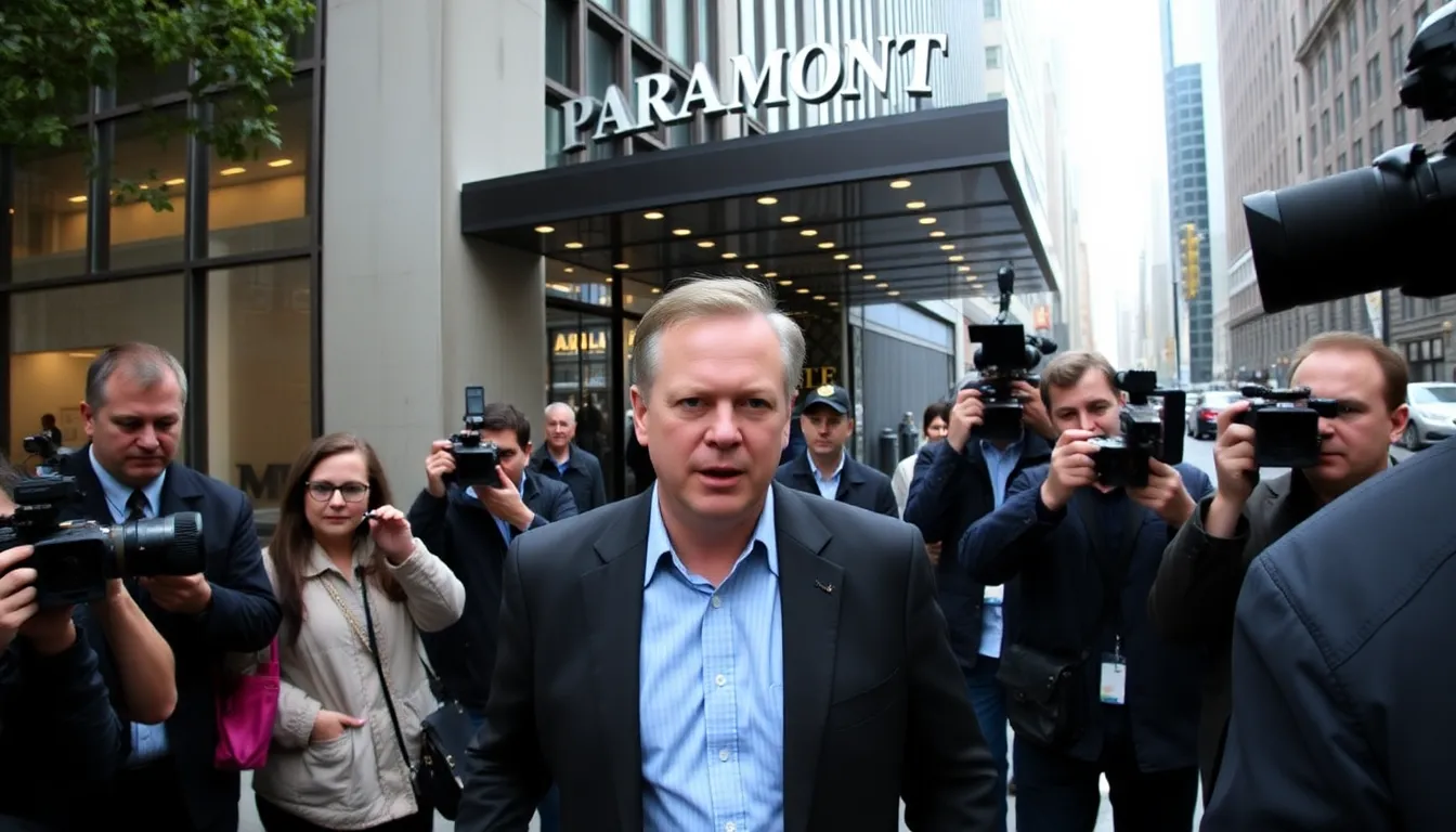 Jeff Shell is seen leaving the Paramount headquarters, surrounded by reporters and cameras capturing his unexpected resignation announcement.