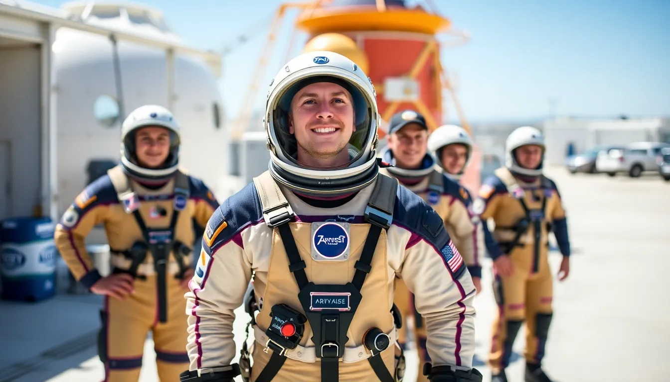 Jeremy Hansen stands proudly in his astronaut suit, surrounded by fellow crew members as they prepare for the Artemis II mission, marking a significant moment in space exploration history.