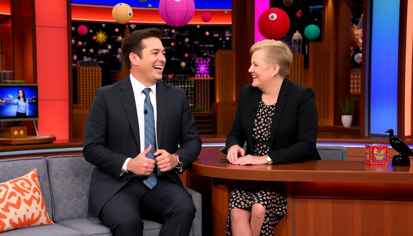 Jimmy Fallon and Nicola Coughlan share a laugh during their studio tour, surrounded by colorful set decorations and engaging in playful antics.