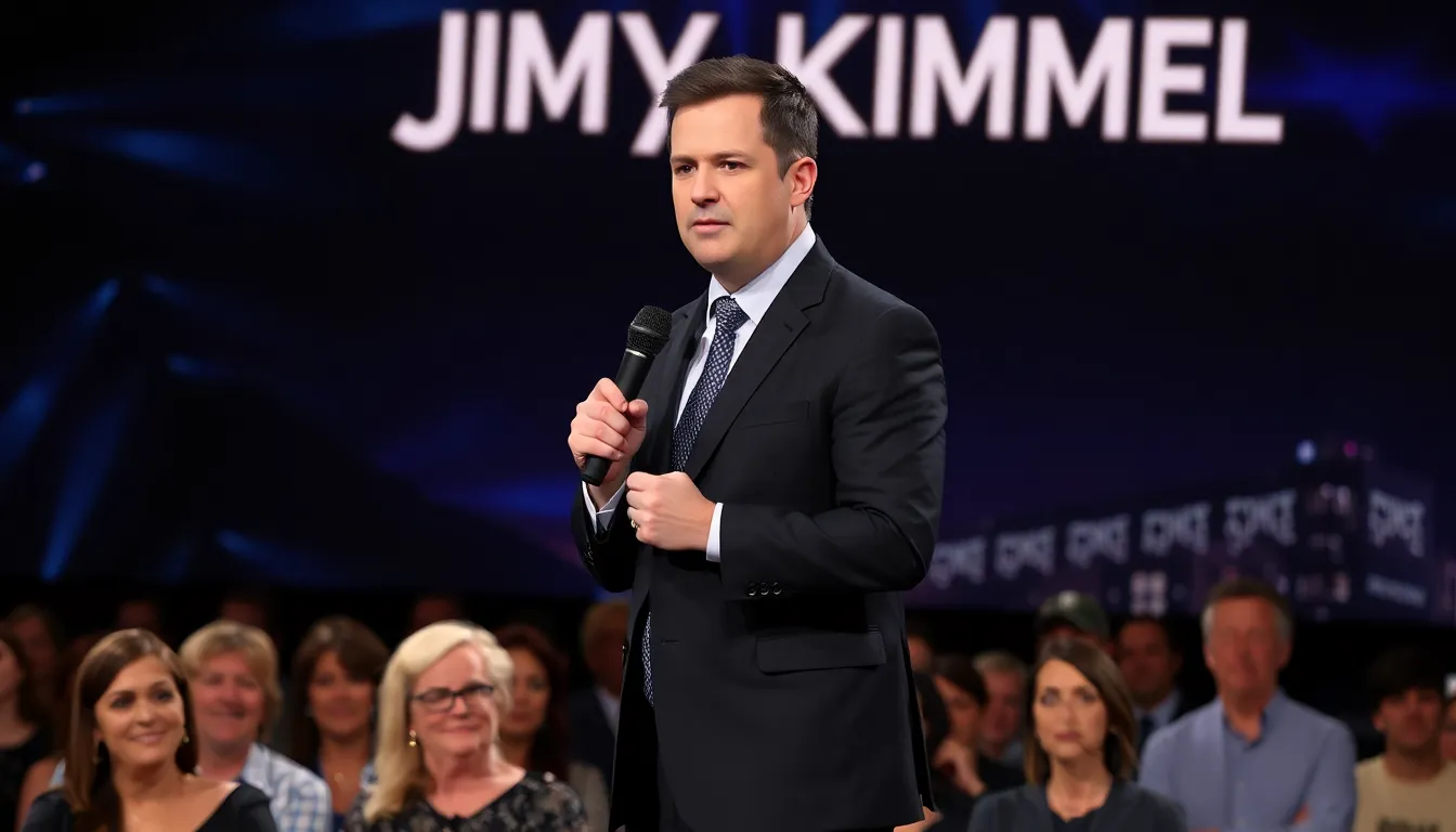 Jimmy Kimmel speaks during a live taping of his show, addressing the audience with a serious expression while holding a microphone, as a backdrop displays the show's logo.