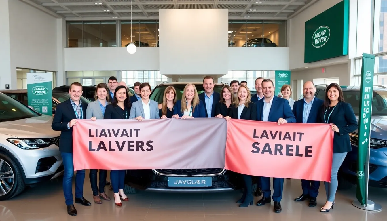 Jaguar Land Rover employees celebrate a significant increase in vehicle sales at the company's headquarters, showcasing a positive response to recent recovery efforts after a cyber attack.