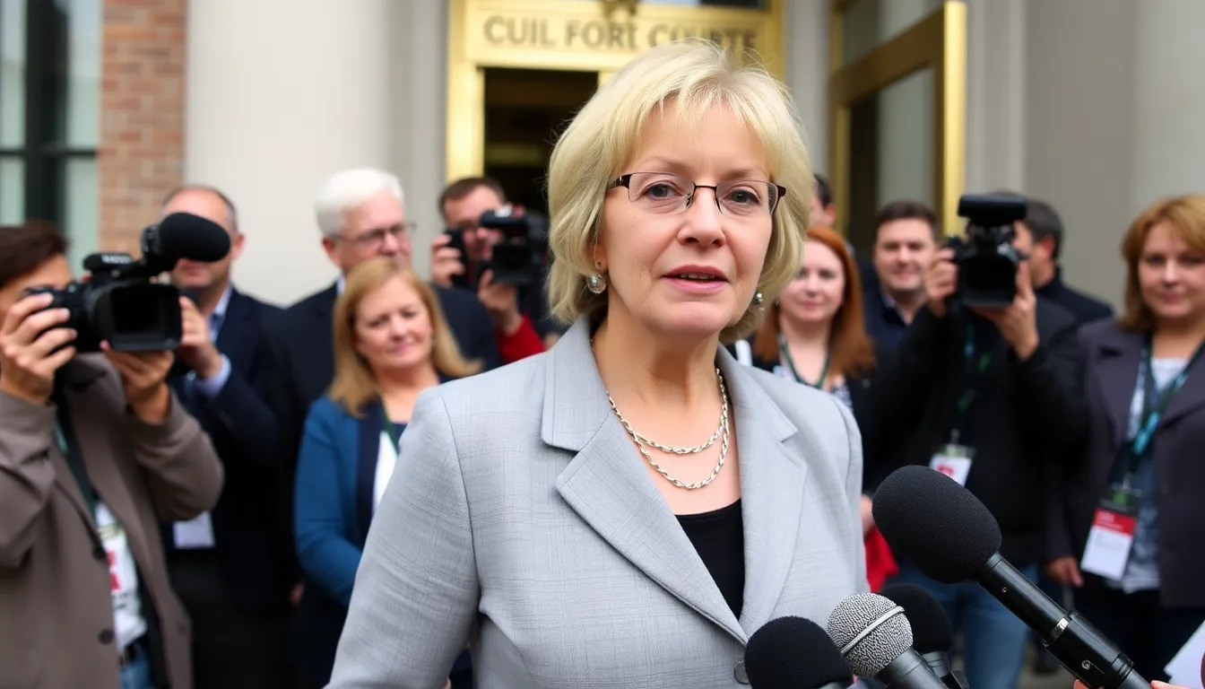 Jo Malone stands outside a courthouse, flanked by supporters, as she prepares to address the media regarding her ongoing legal battle over the rights to her name.