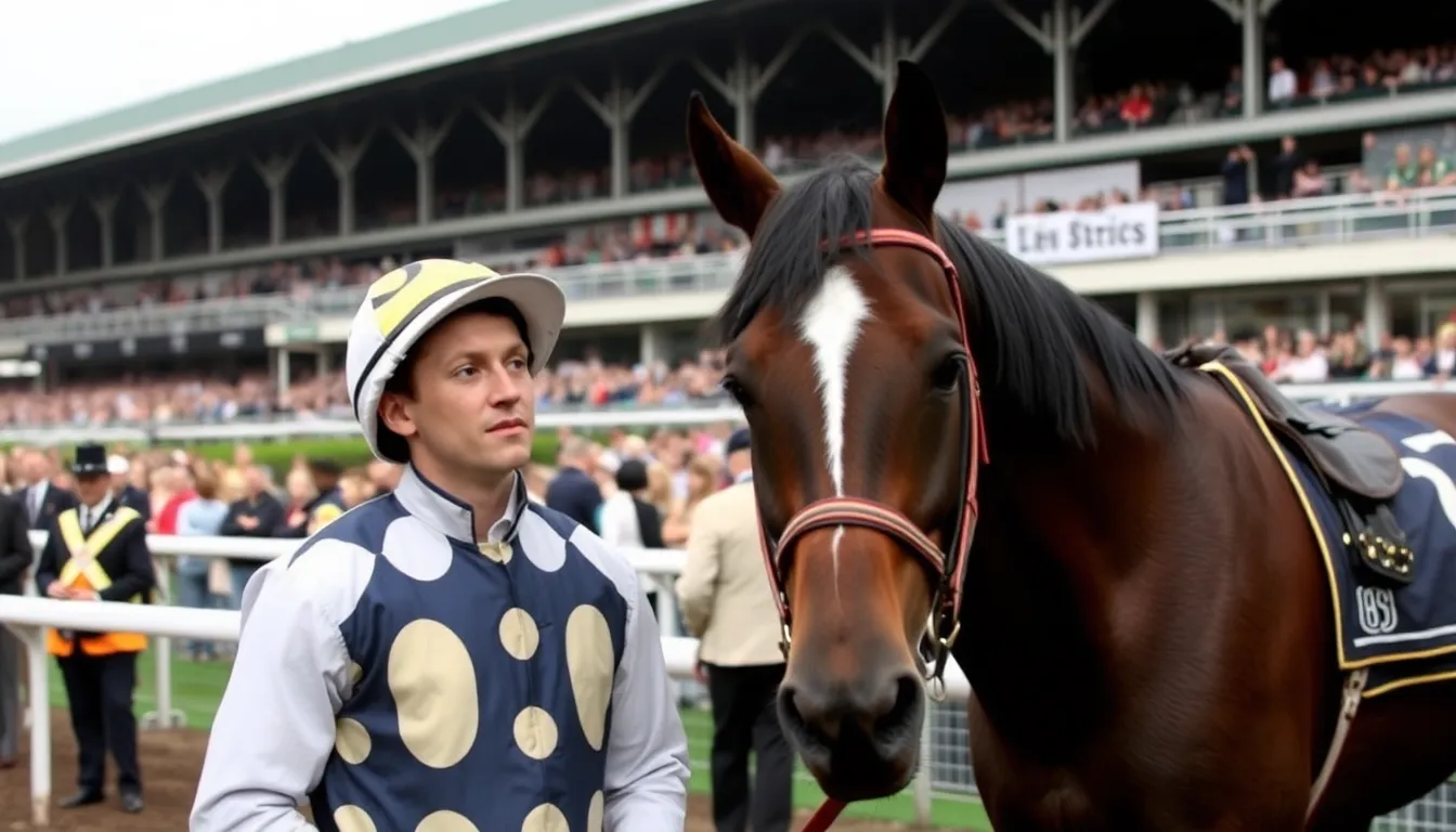Jockey Alex Thompson stands beside his horse, Midnight Star, looking bewildered after misjudging the winning post during a race, leading to his twoweek suspension.