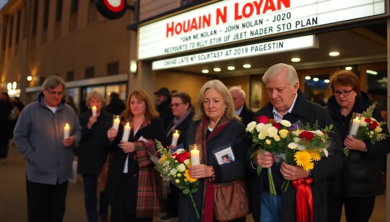 A group of mourners gathers outside a theater, holding candles and flowers to honor the legacy of John Nolan following his passing at the age of 87.