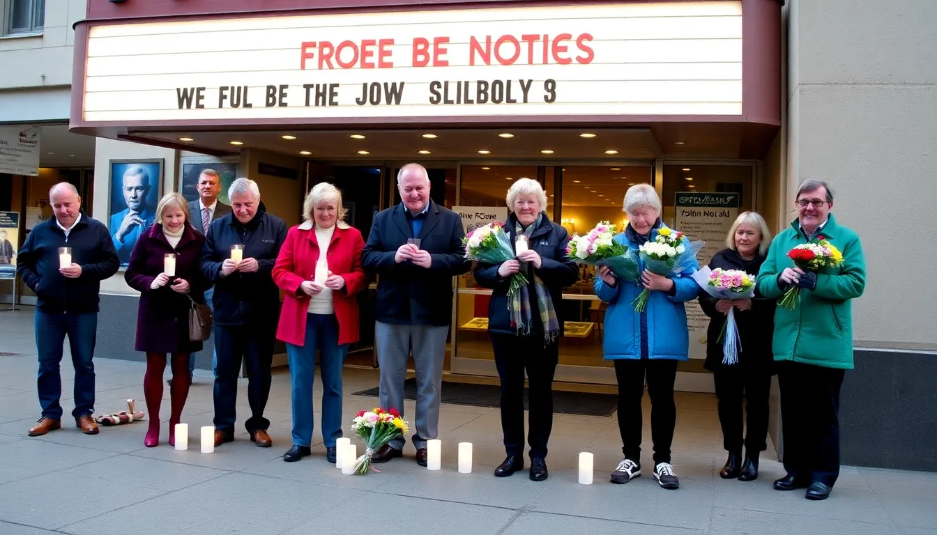 A memorable moment from a film premiere where John Nolan is surrounded by fans and fellow actors, celebrating his contributions to the entertainment industry
