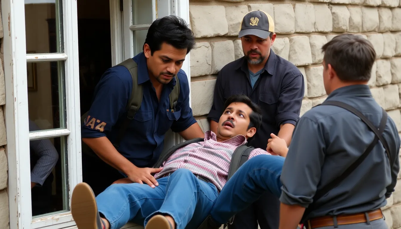 Jonathan Majors is seen being assisted by crew members after falling through a window during the filming of an action movie, with visible concern on their faces.