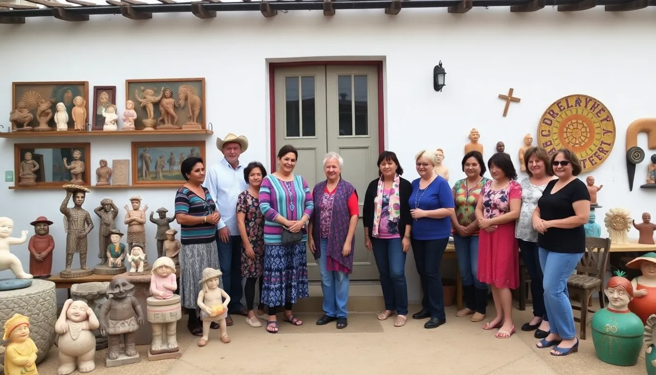 A gathering of artists and admirers pays tribute to Josefina Aguilar outside her studio, surrounded by her vibrant clay sculptures that celebrate Mexican culture.