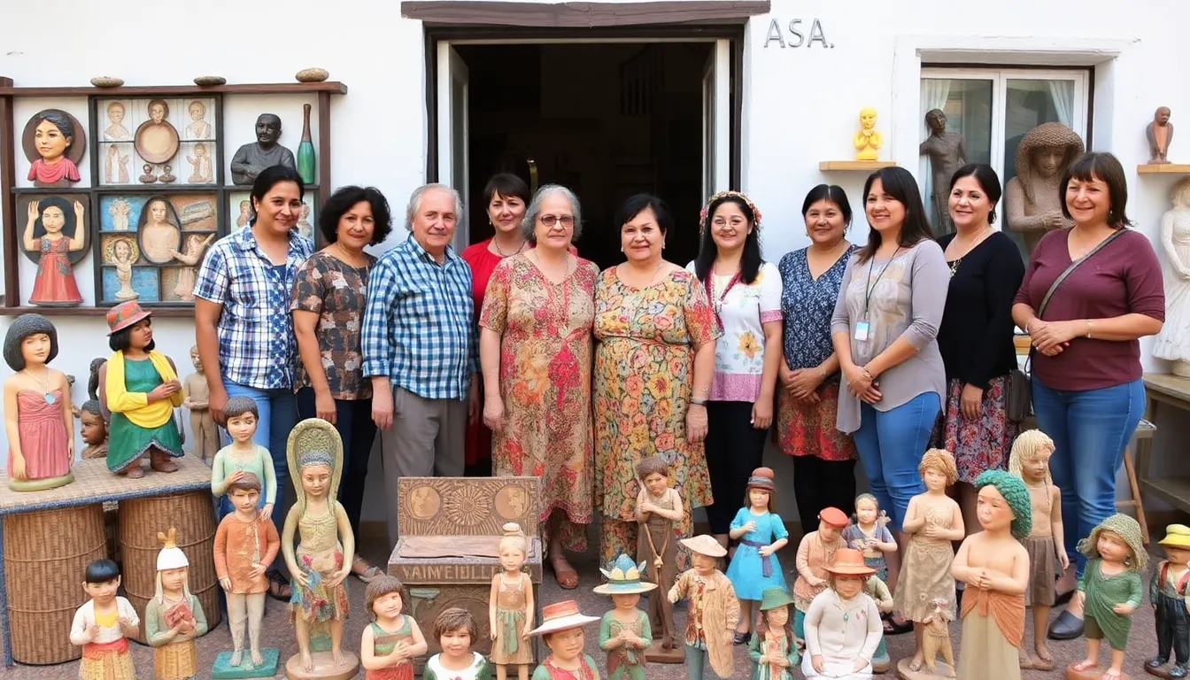 An exhibition space dedicated to Josefina Aguilar, featuring her clay sculptures alongside descriptions of her contributions to Mexican folk art