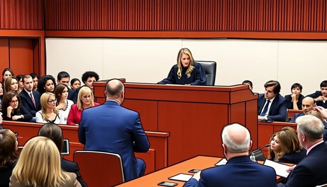A judge is seen delivering a ruling in a courtroom, with legal documents and attorneys present, as the dismissal of Blake Lively's harassment claims against Justin Baldoni is announced.