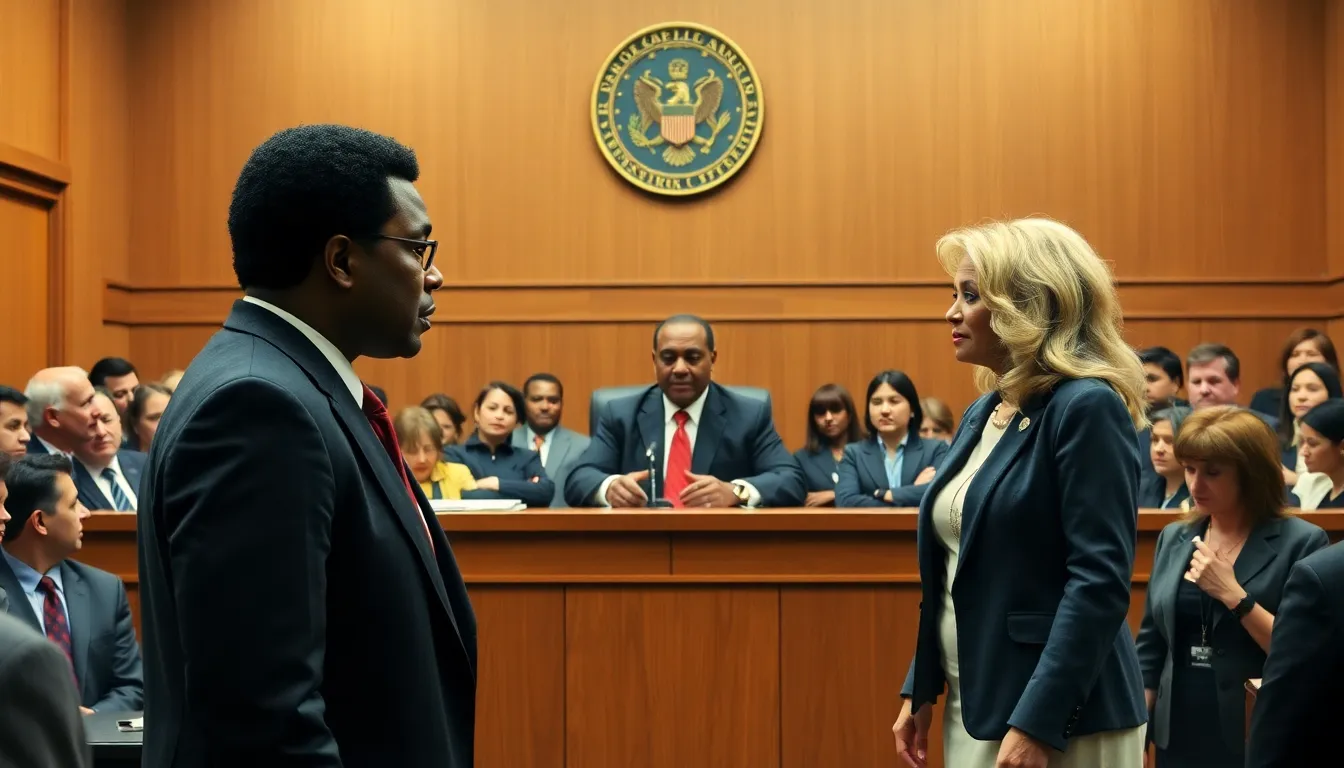 A courtroom scene shows a judge seated at the bench, presiding over a case involving Smokey Robinson and his defamation lawsuit against two women who accused him of rape.