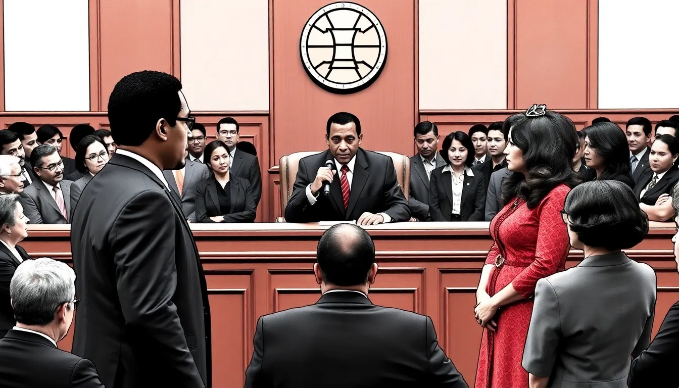 A courtroom scene illustrating the legal proceedings surrounding defamation claims, highlighting the challenges faced by public figures in defending their reputations