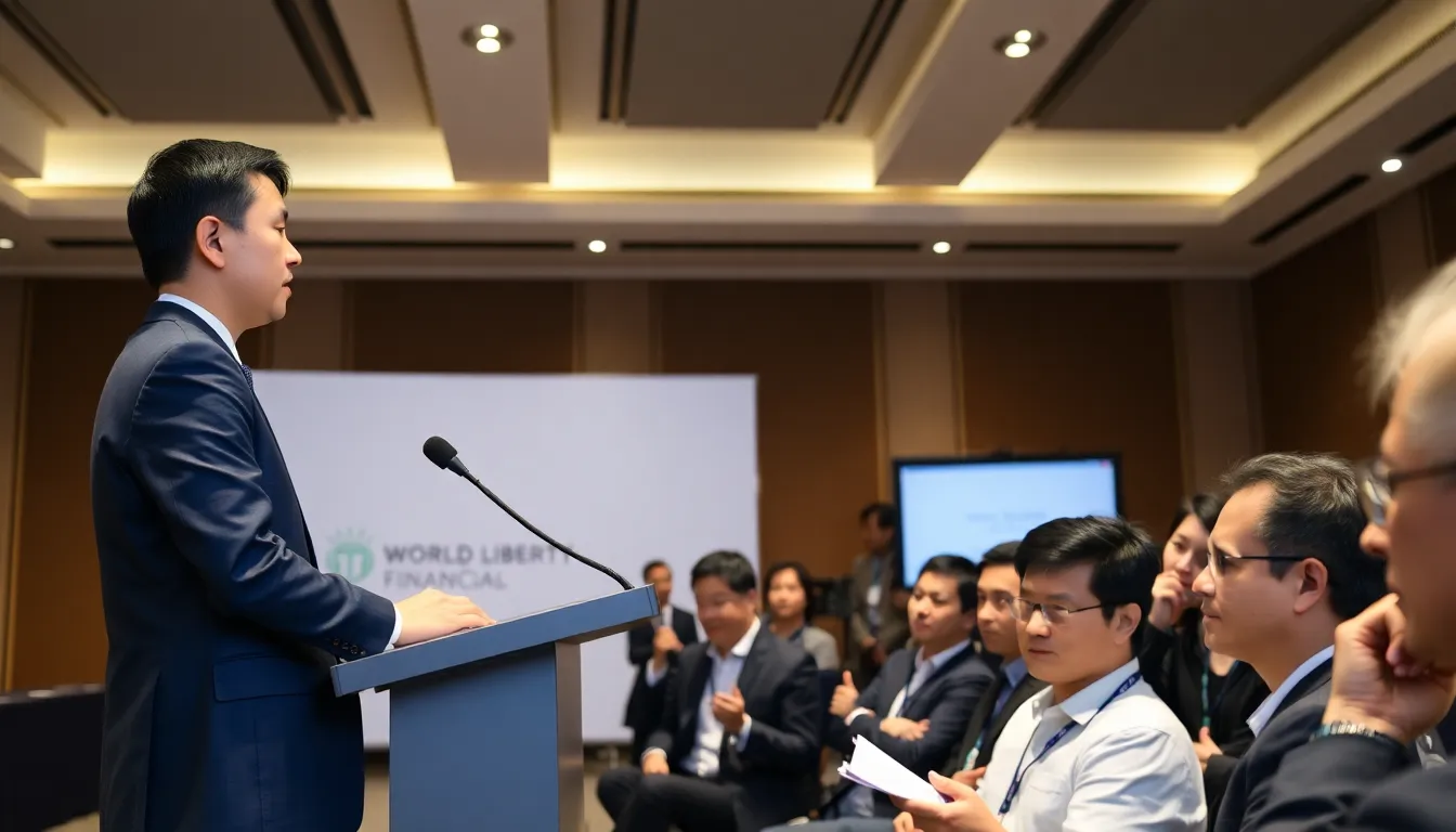 Justin Sun stands at a podium during a press conference, addressing reporters about his lawsuit against World Liberty Financial, with a backdrop featuring the company's logo and a crowd of journalists taking notes.