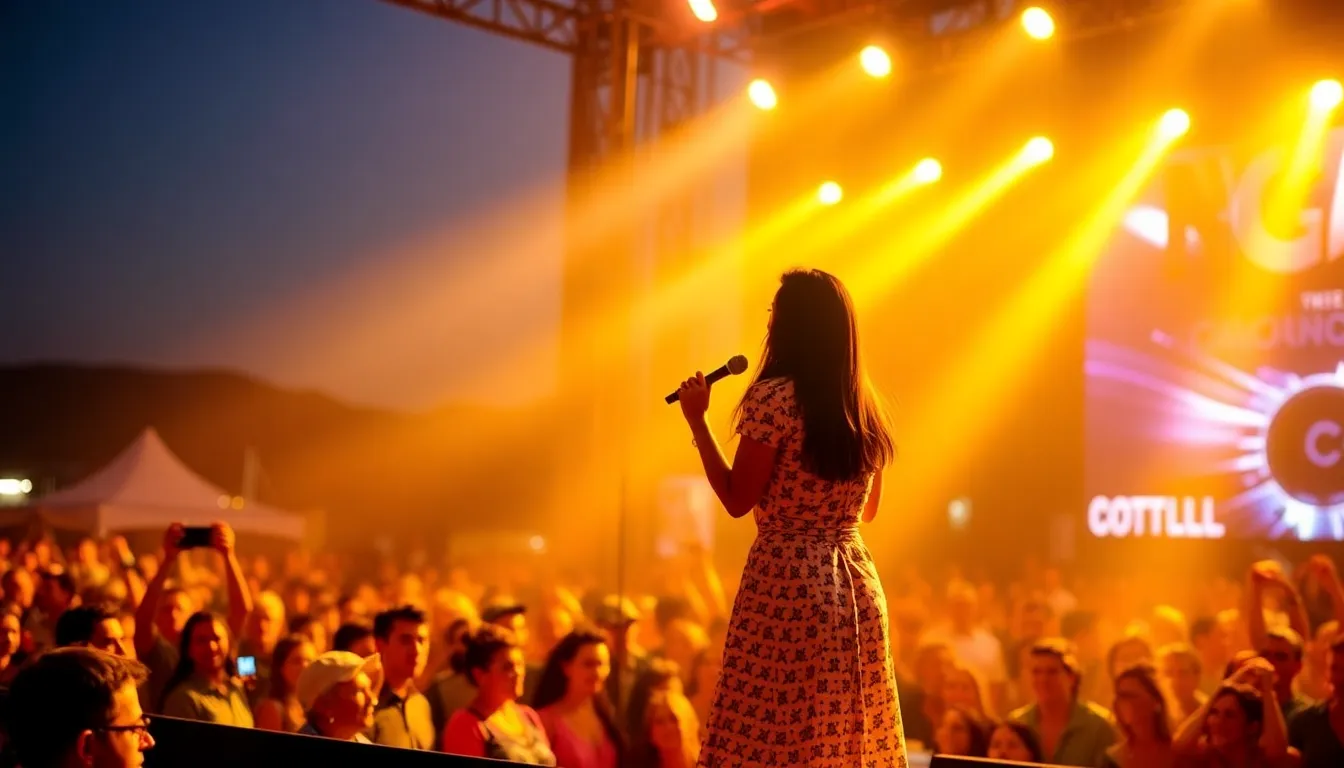 Kacey Musgraves performs on stage at Coachella, captivating an enthusiastic crowd with her unique blend of country and pop music.