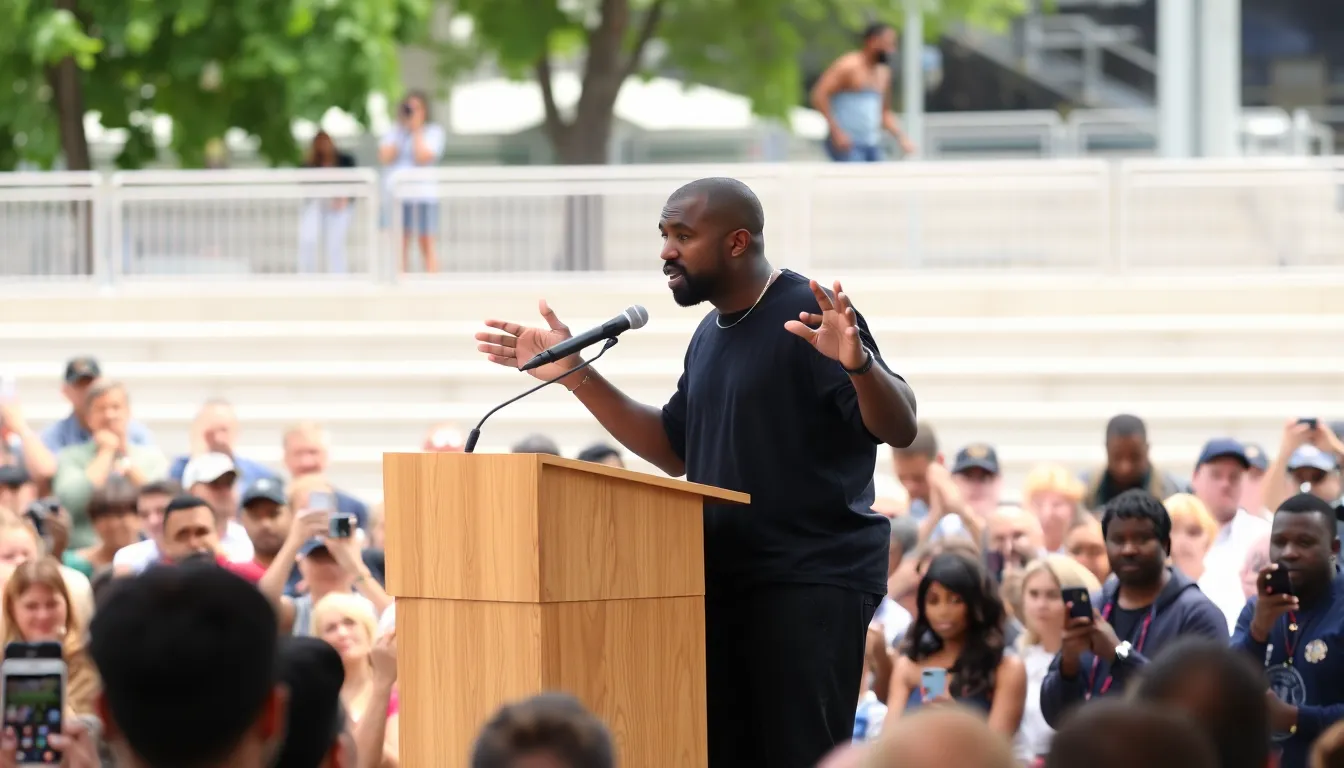 Kanye West speaks passionately at a public event, surrounded by a diverse audience, as he addresses his recent controversies and the impact of his statements on society.