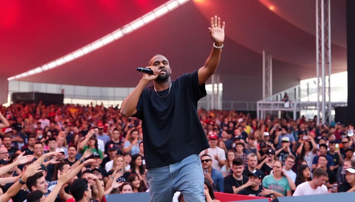 Kanye West performs energetically on stage in Los Angeles, captivating a diverse crowd with a mix of his classic hits and new material during his first solo concert in the United States since 2021.