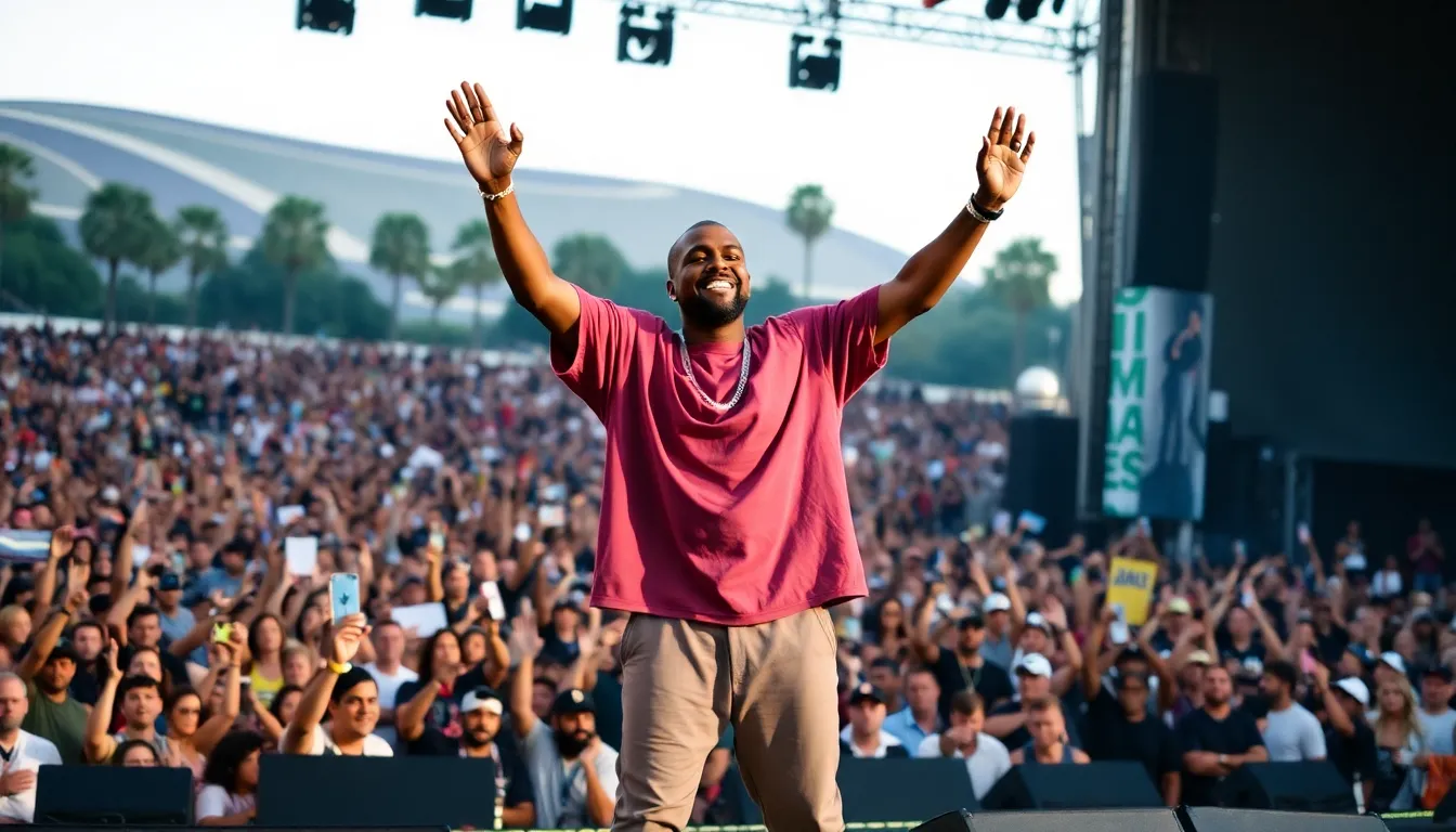 The concert atmosphere is electric as fans cheer and sing along, reflecting the deep connection they share with Kanye's music throughout his career