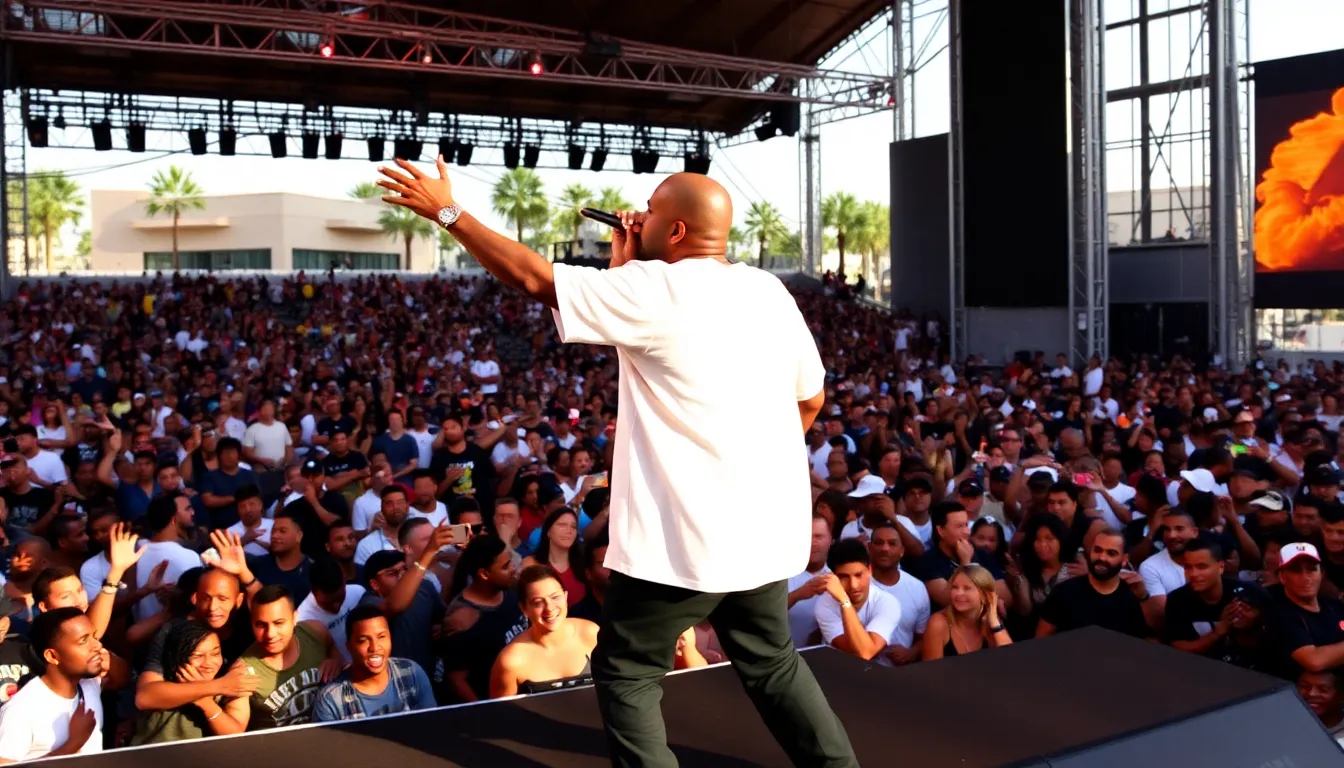 Kanye West passionately engages with the crowd, showcasing his evolution as an artist while honoring his earlier work during this significant comeback show