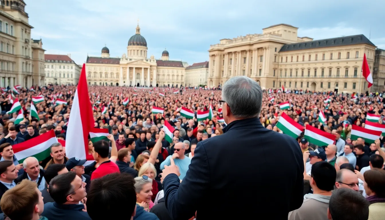A diverse crowd gathers in Budapest, symbolizing unity and shared historical struggles against oppression as they celebrate significant political developments