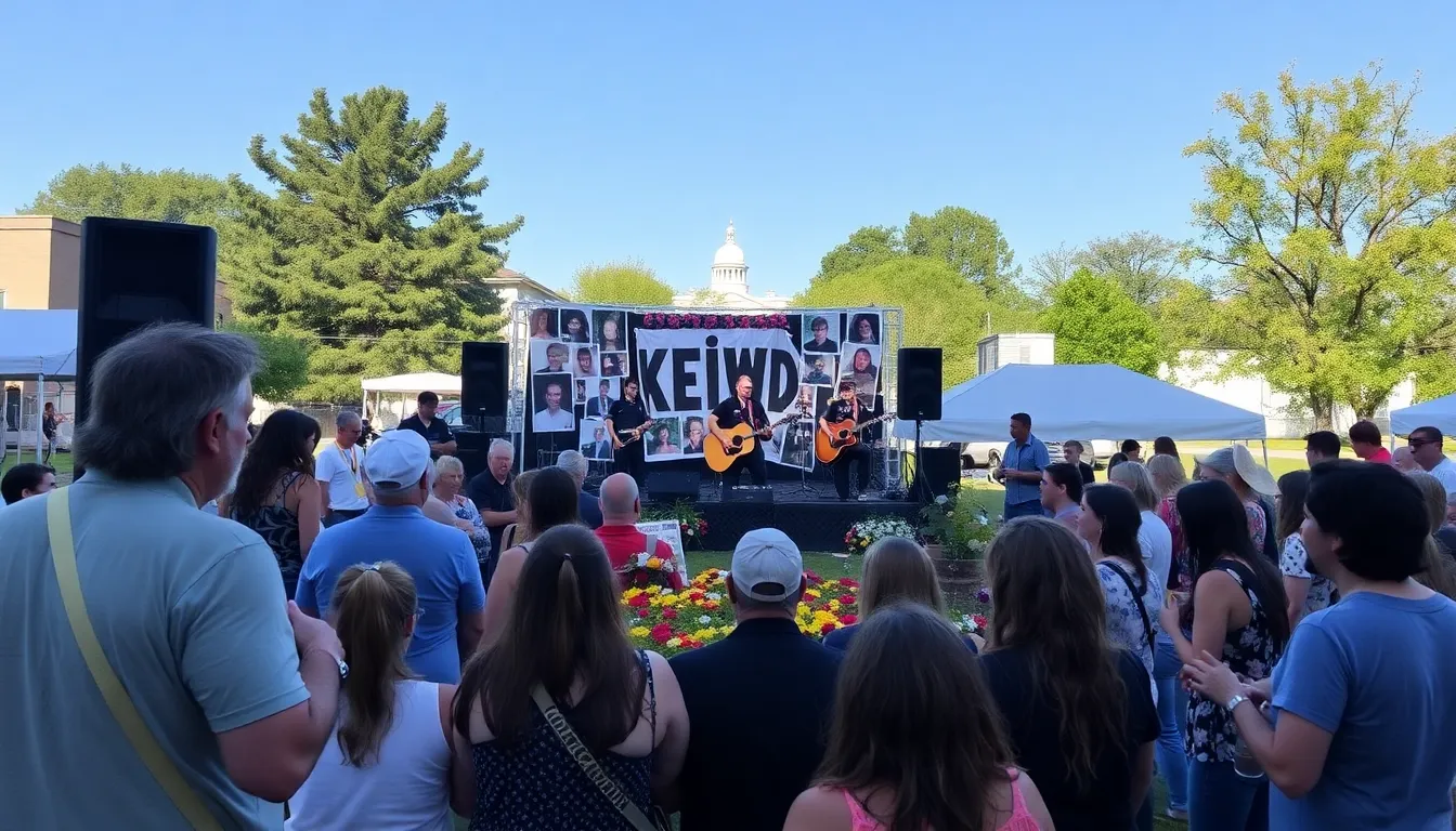 A group of musicians and fans gather at a memorial event to honor Keith Wood, sharing stories and memories of his contributions to the music industry.