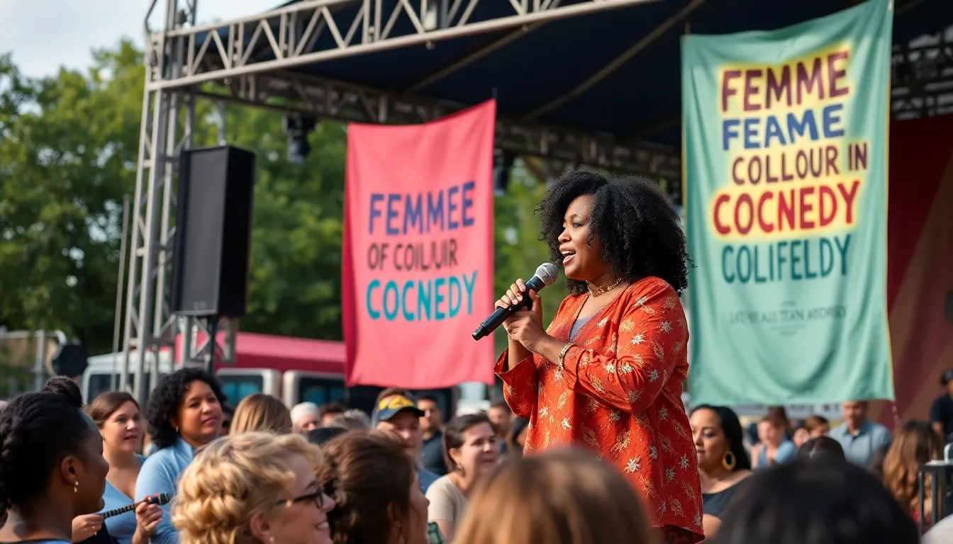 Kemah Bob performs on stage at FOC Fest, engaging the audience with her comedic talent while celebrating the contributions of femmes of colour in the comedy industry.
